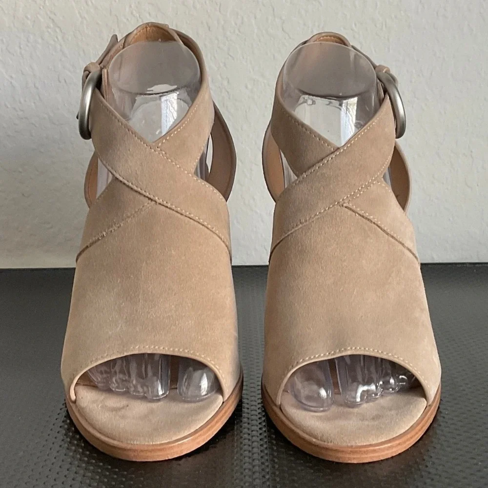 Marc Fisher LTD Tim Beige Tan Suede Open‎ Toe Buckle Block Heel Booties 7.5M